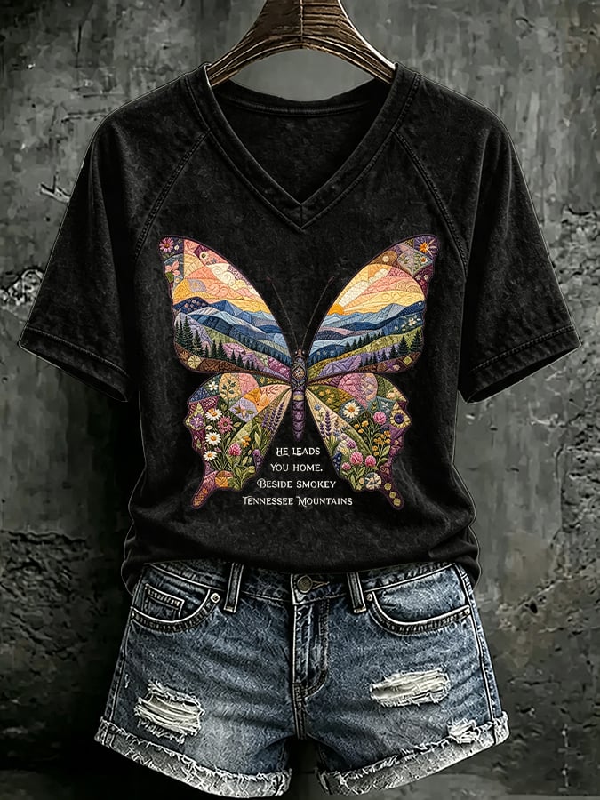 V Neck Retro Butterfly He Leads You Home Beside Smokey Tennessee Mountains Print T-Shirt