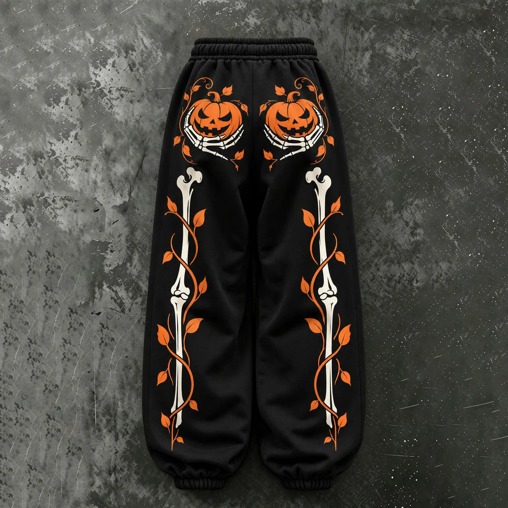 Women's Vintage Halloween Pumpkin And Skeleton Hand Print Sweatpants