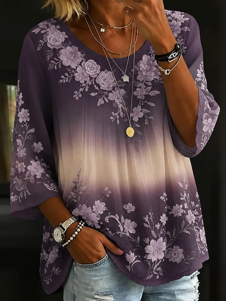 Women's Purple Floral And Rhinestone Art Texture Casual Crew Neck Top