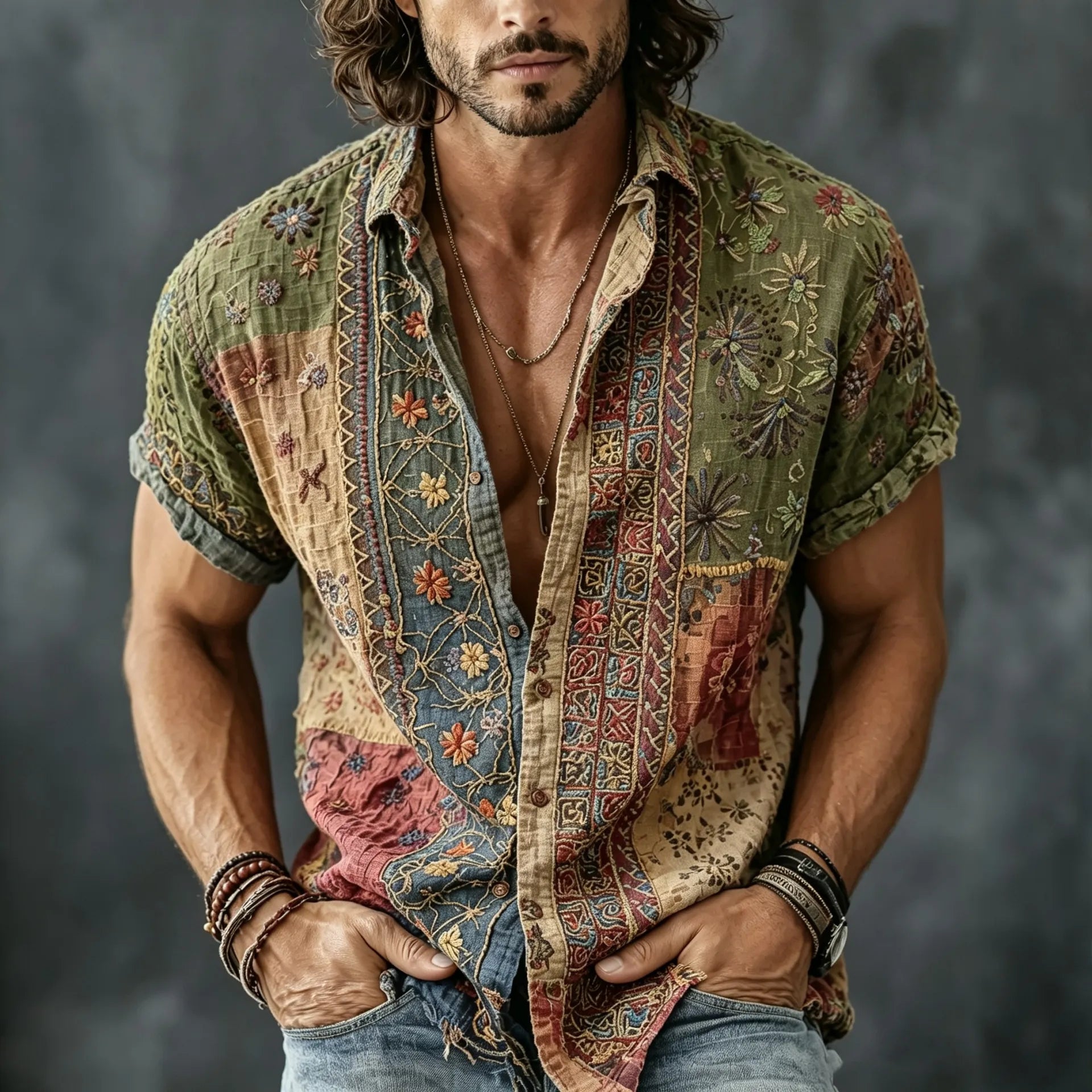Men's Vintage Floral Patchwork Embroidered Art Print Flowy Linen Blend Casual Shirts