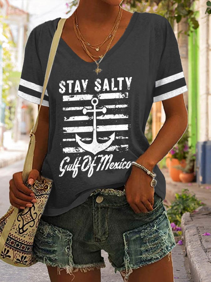 Women's Stay Salty Gulf Of Mexico Print V Neck T-Shirt