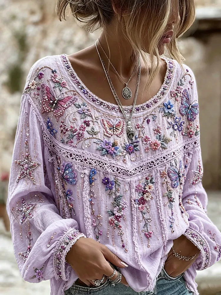 Women's Vintage Floral Art Embroidered Linen Blend Round Neck Long Sleeve Tops
