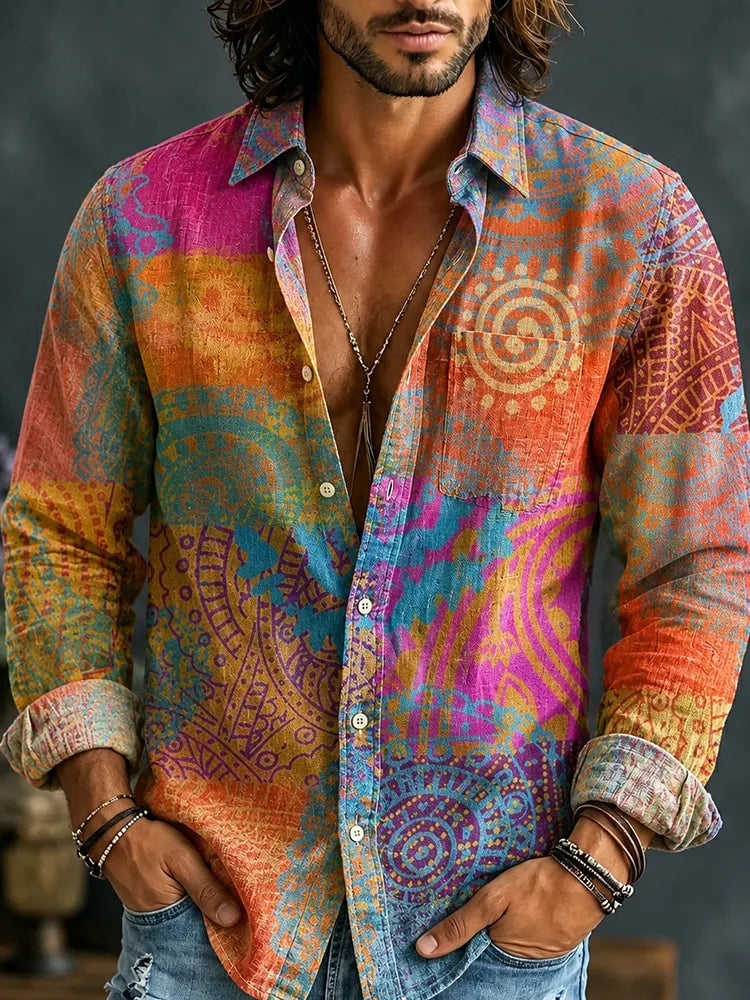Men's Hippie Mandala Geometric Patchwork Print Long Sleeve Shirt