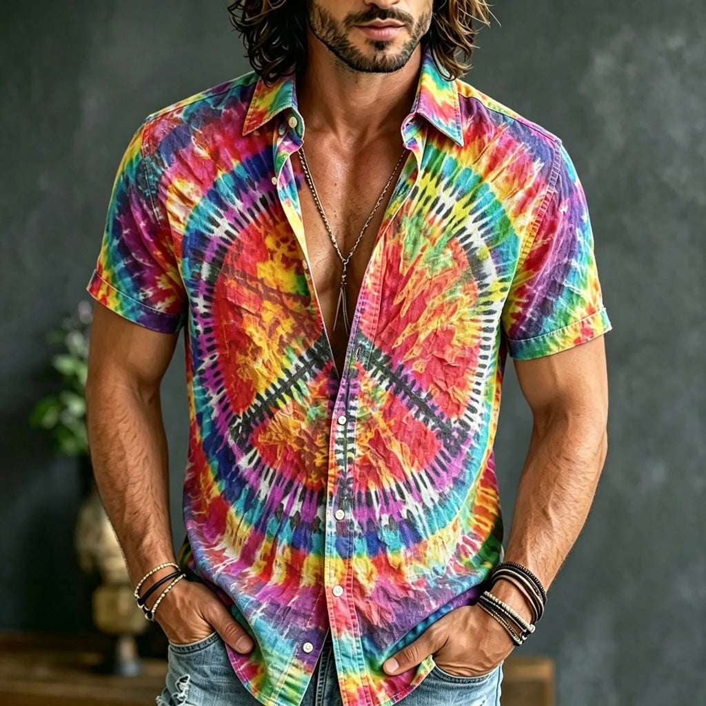 Men's Retro Bohemian Hippie Style Printed Short-sleeve Shirt