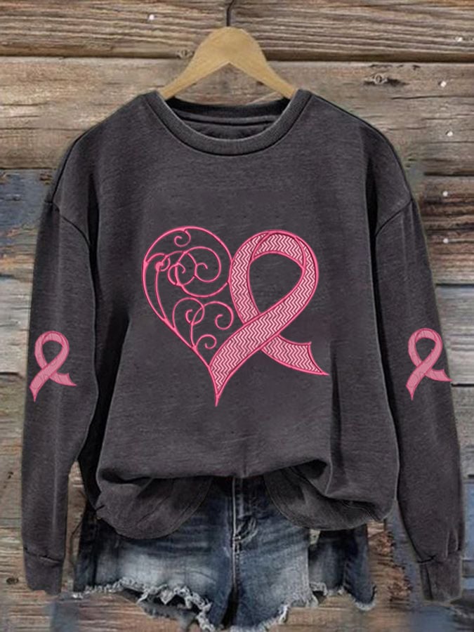 Women's Breast Cancer Awareness Heart Ribbon Print Sweatshirt