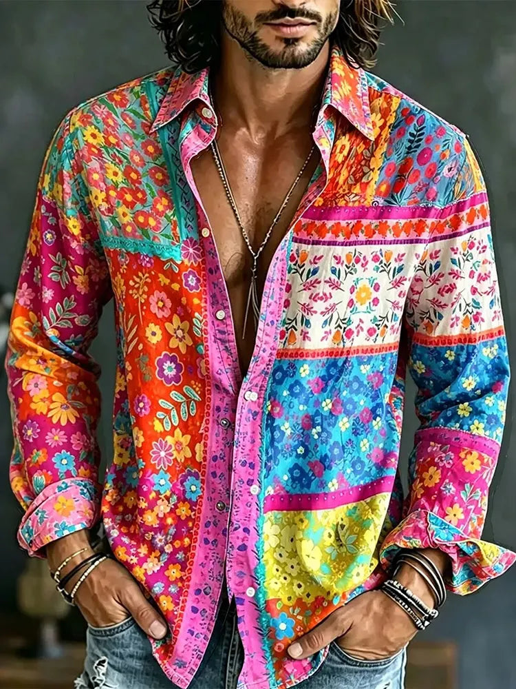 Men's Retro Hippie Style Floral Art Print Long-sleeved Cotton Linen Shirt