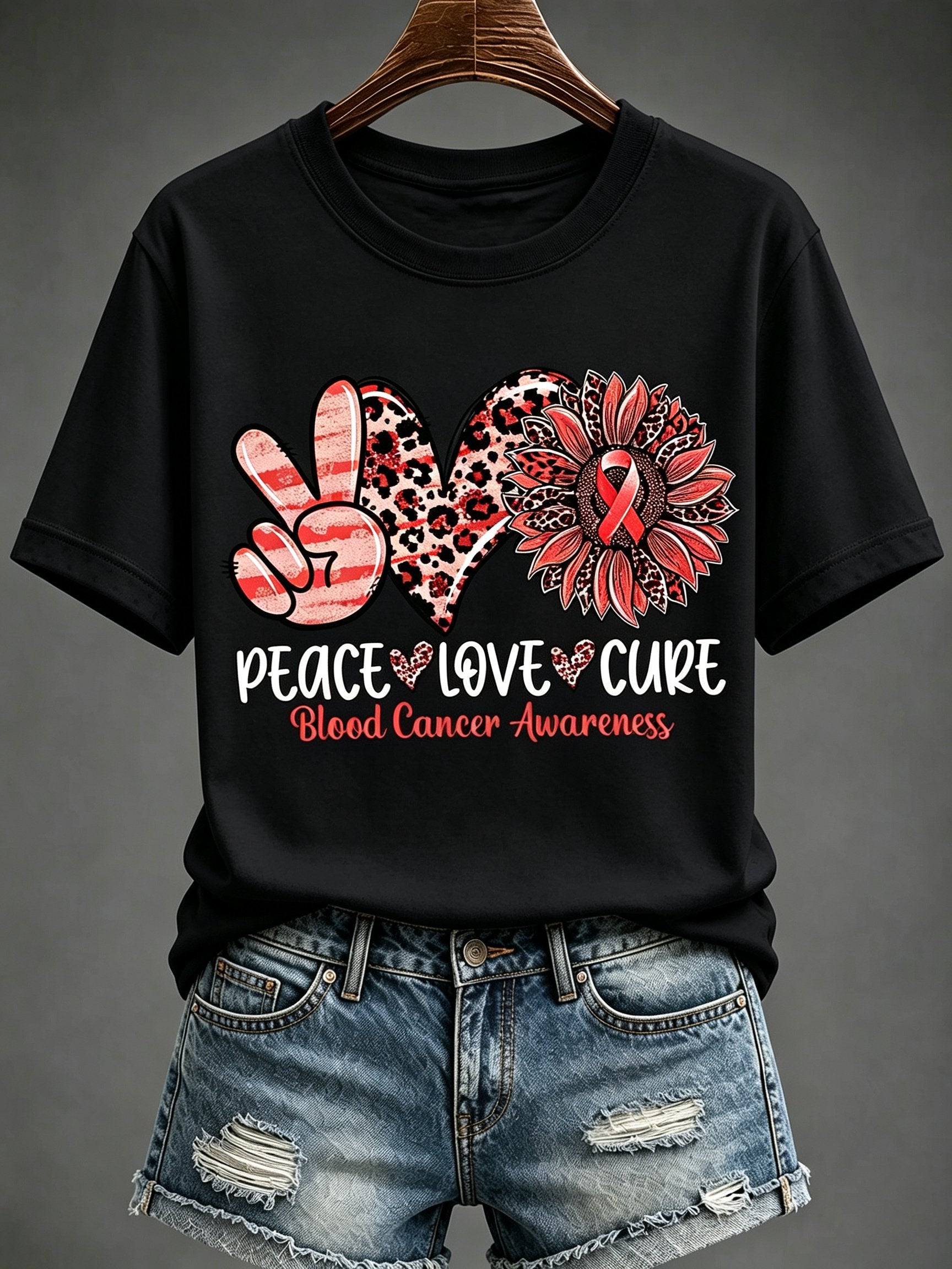 Women'S Blood Cancer Red Ribbon Health Awareness Round Neck T-Shirt