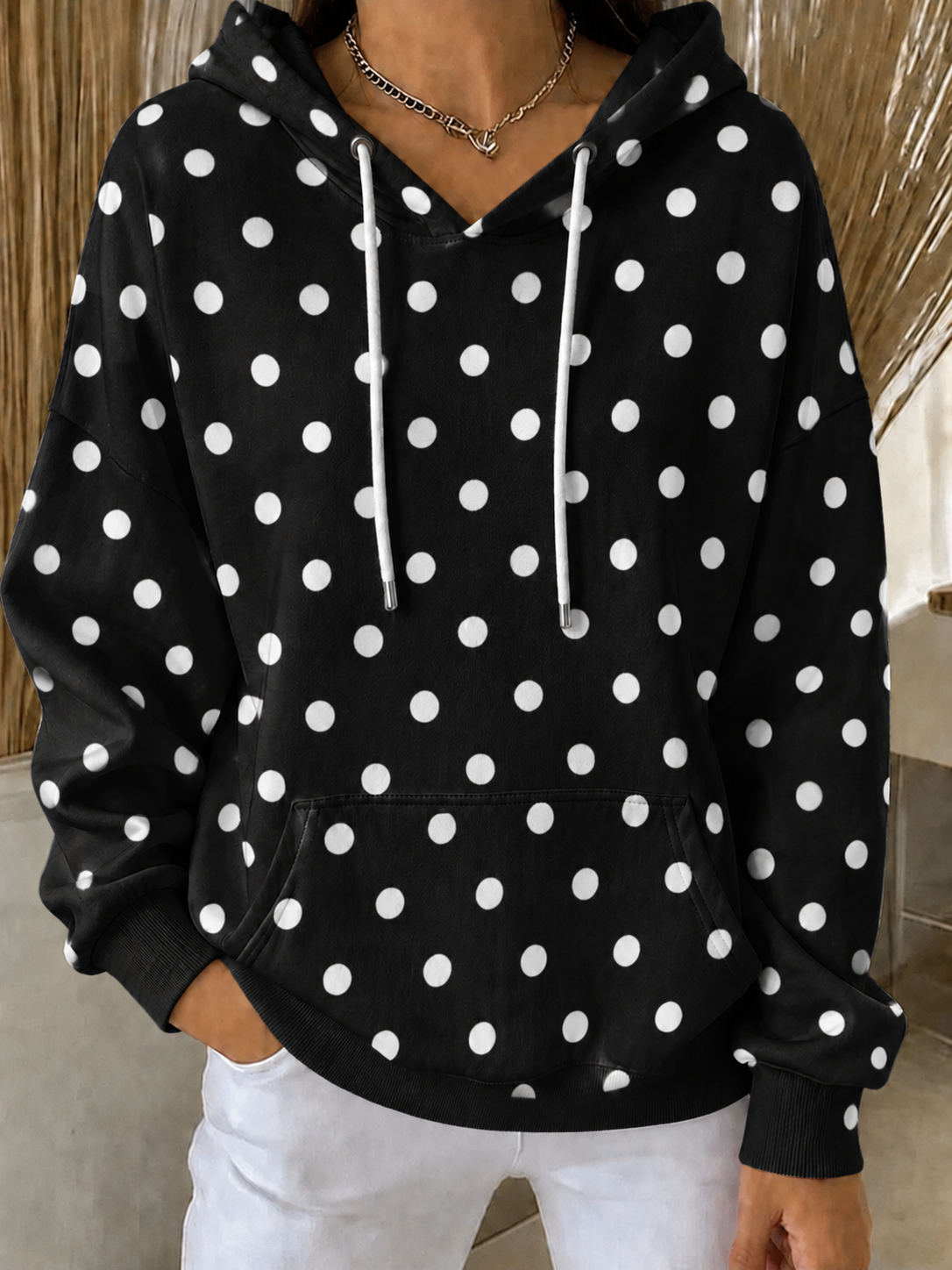 Women'S Casual Breast Cancer Awareness Dot Art Print Hooded Sweatshirt