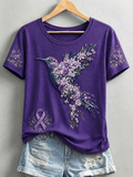 Women's Retro Hummingbird And Floral Print Comfortable T-Shirt