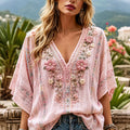 Women's Vacation Floral Lace Print V-neck Cotton Linen Top