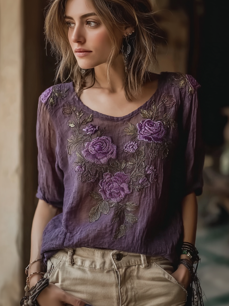 Bohemian Style Purple Rose Embroidery Pattern Linen T-shirt