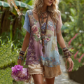 Classy Vintage Floral Splicing Cotton And Linen Short Sleeve T-shirt