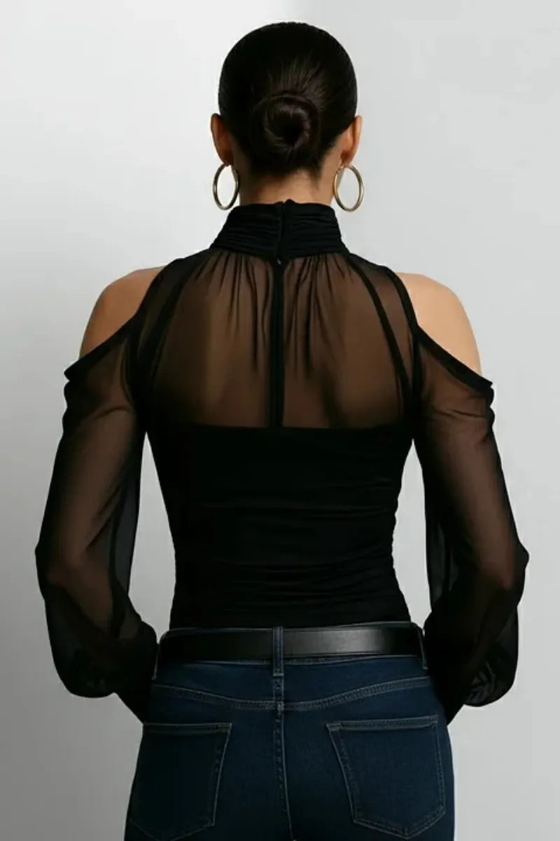 Women's Black Patchwork Mesh High Neck Cold Shoulder Long Sleeve Blouse
