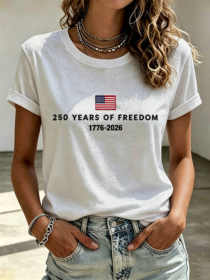 Ladies' Casual American 250Th Anniversary Embroidered Commemorative Round Neck Short Sleeved T-Shirt
