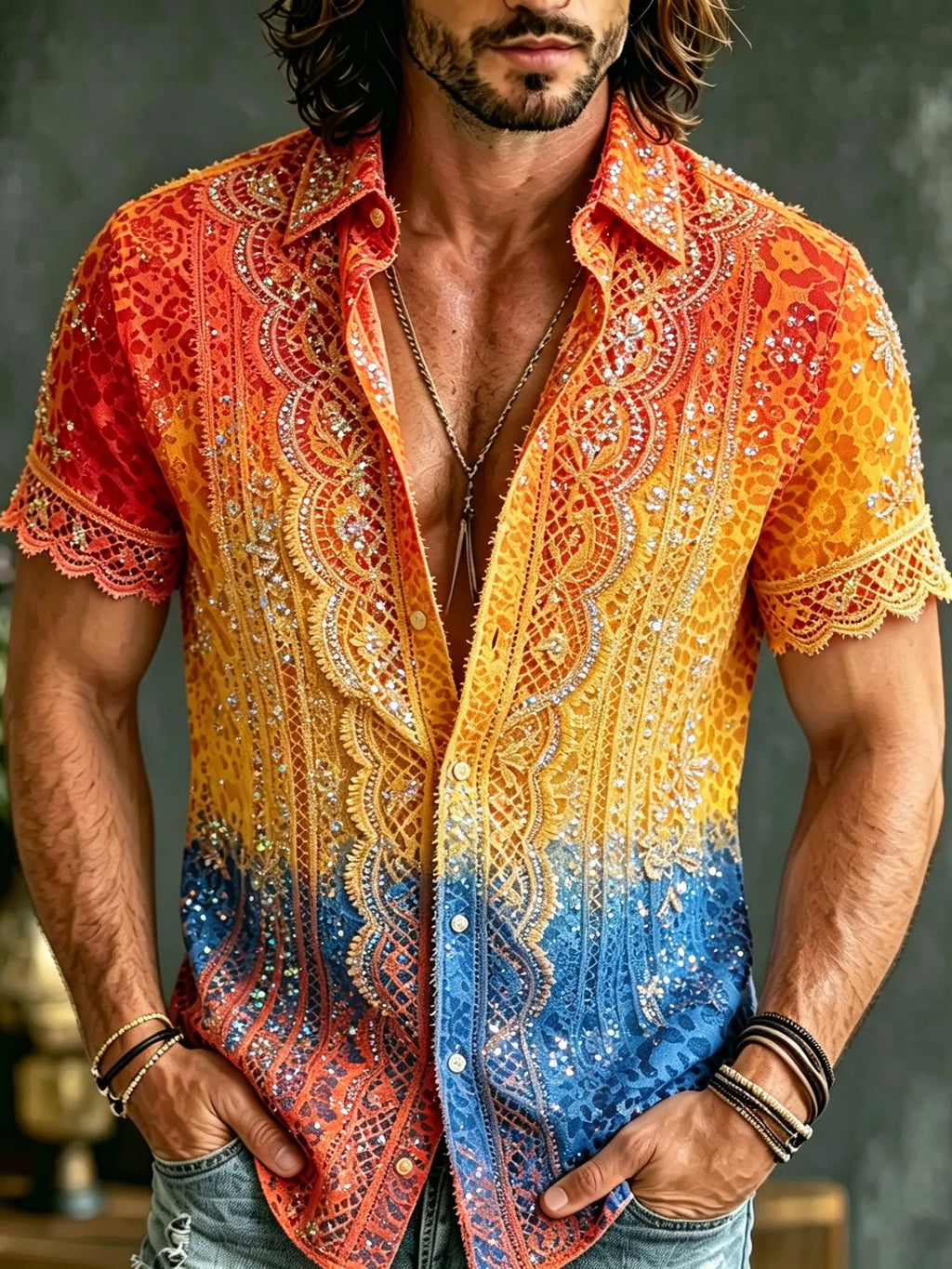 Men's Retro Hippie Style Leopard Print And Lace Pattern Print Short-sleeved Shirt