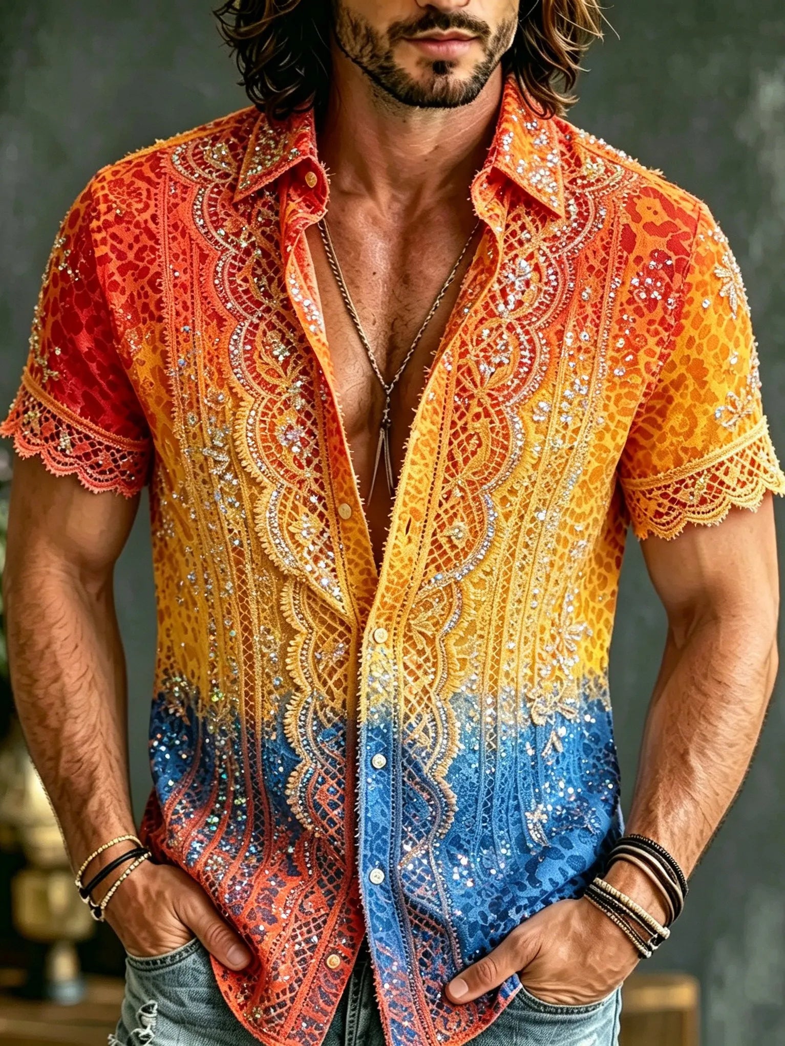 Men's Retro Hippie Style Leopard Print And Lace Pattern Print Short-sleeved Shirt