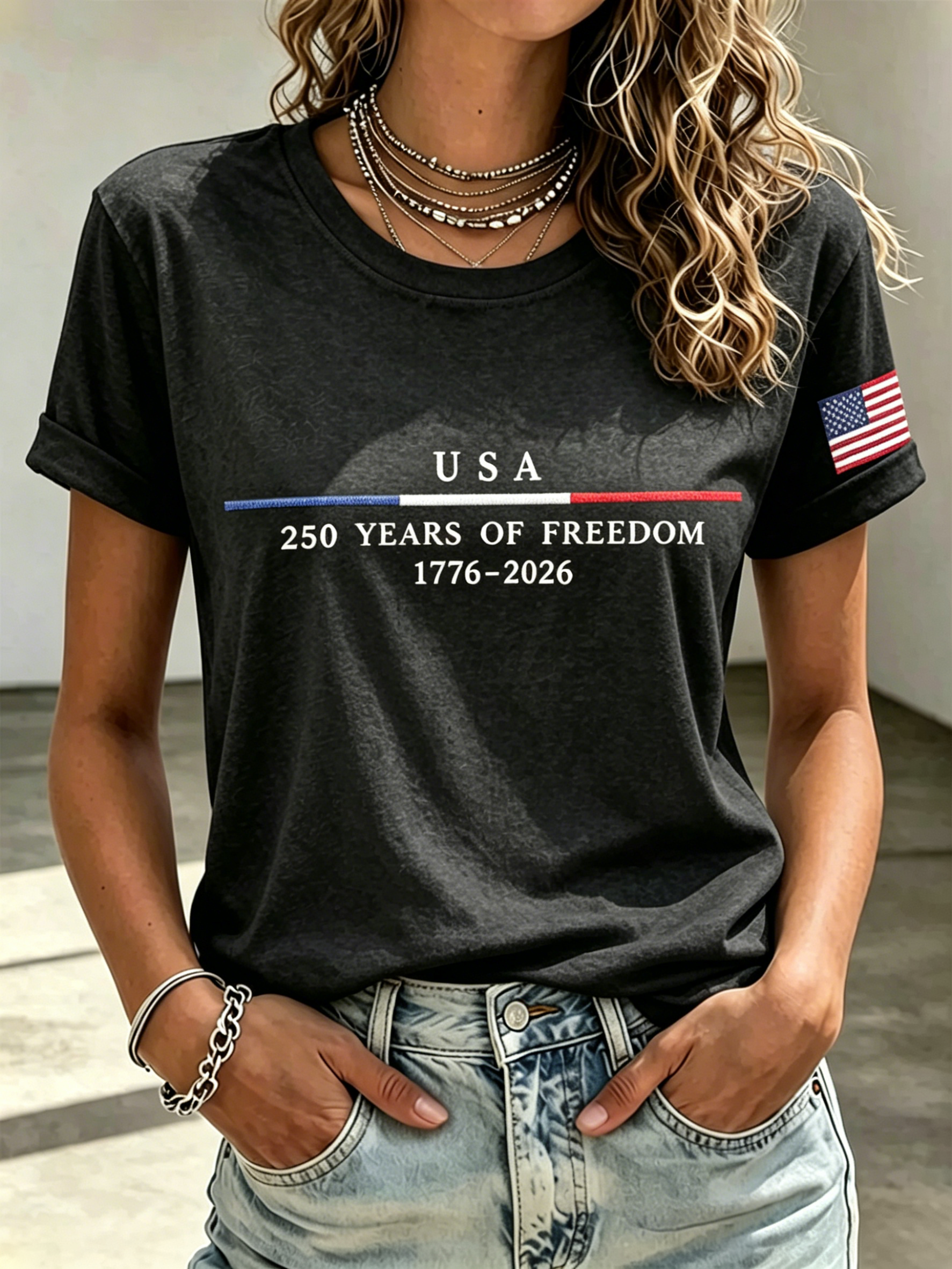 Ladies' Casual American 250Th Anniversary Embroidered Commemorative Round Neck Short Sleeved T-Shirt