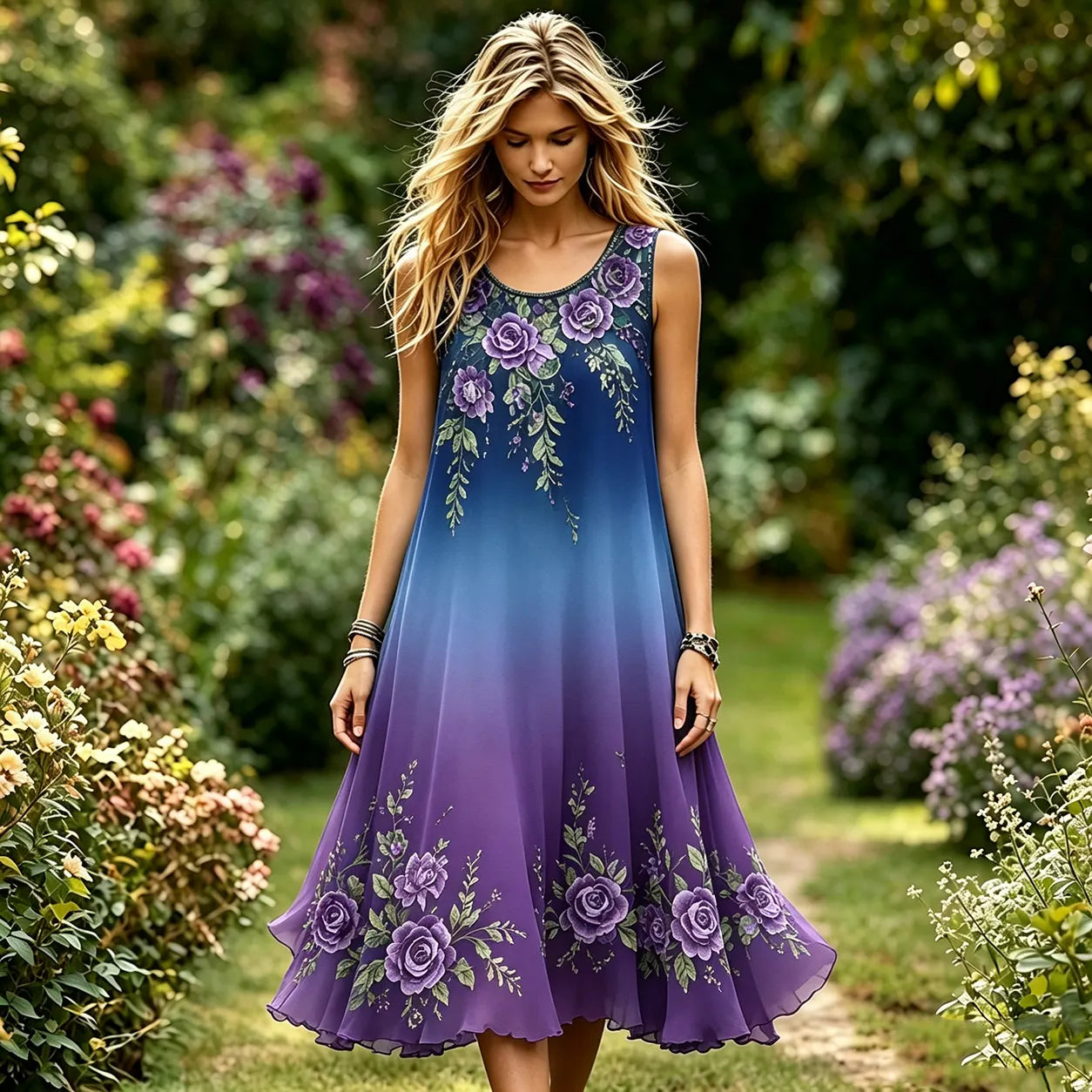 Women's Purple Rose Floral Gradient Pattern Casual Dress