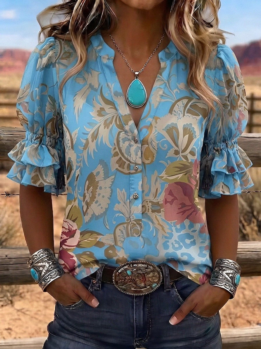 Women's Western Vintage Floral Paisley Printed Ruffle Sleeve Top