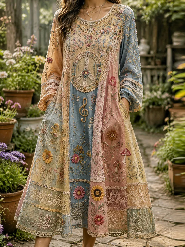 Vintage Hippie Floral And Peace Symbol Lightweight Patchwork Cotton-linen Casual Crew Neck Dress