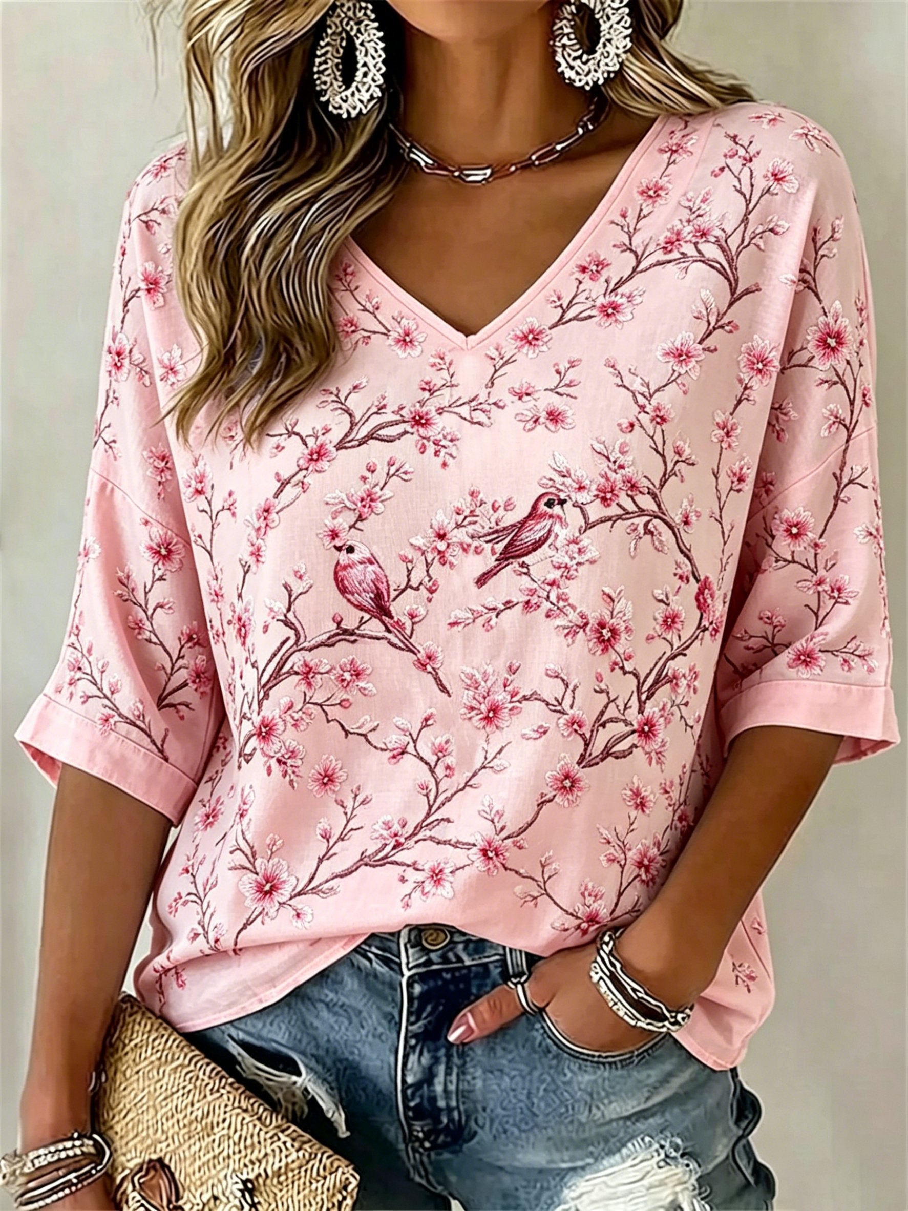 Women's Retro Pink Bird Flowers Print T-Shirt
