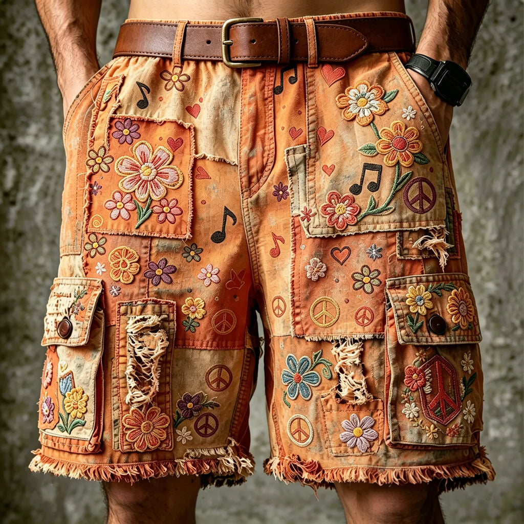 Men's Retro Hippie Style Embroidered Patchwork Print Cargo Pants