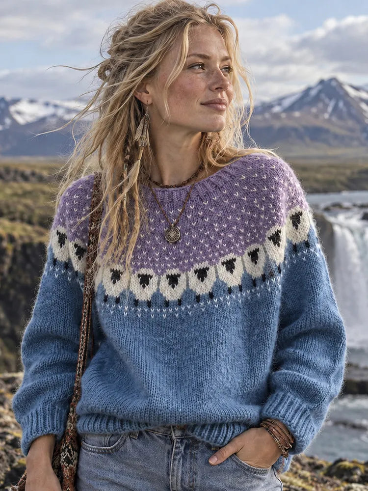 Women's Sheep Motif Print Knitted Comfort Round Neck Sweater