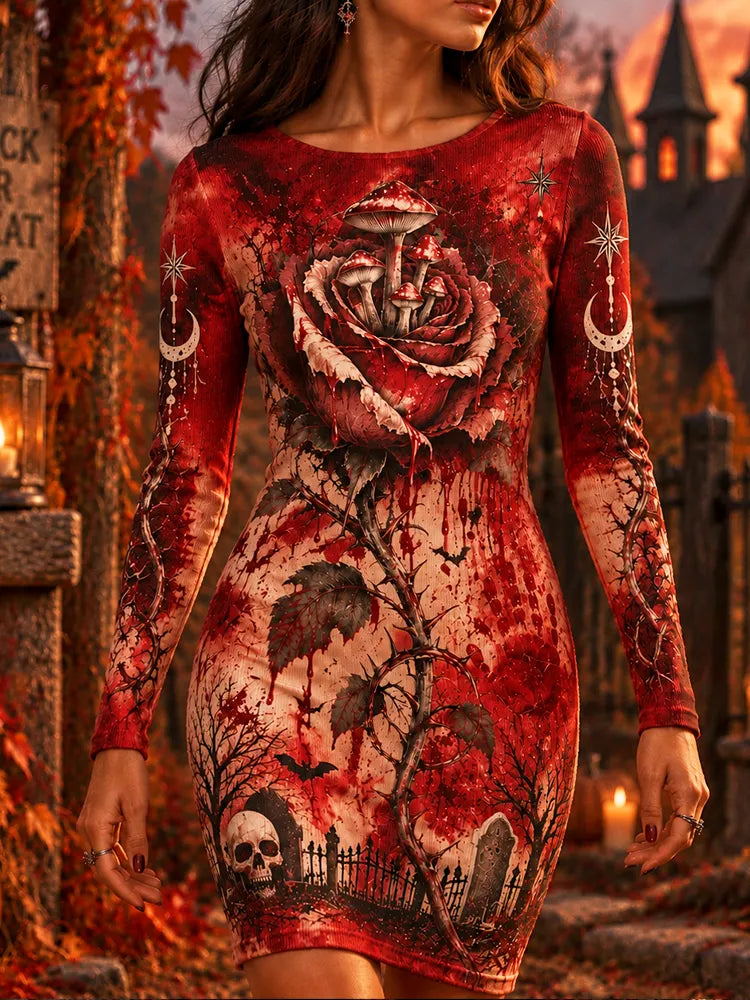 Women's Halloween Blood Rose, Mushroom & Graveyard Graphic Long Sleeve Dress