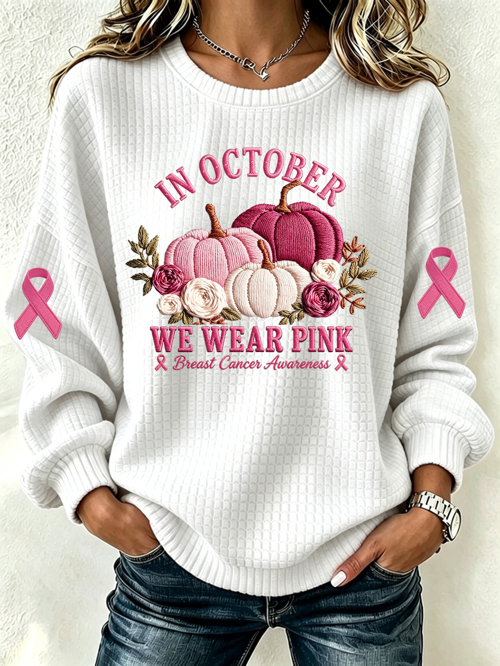 Women'S Waffle Pink Pumpkin Round Neck Checkered Sports Shirt