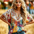 Women's Hippie Floral Pattern Art Embroidered Linen Blend Shirts