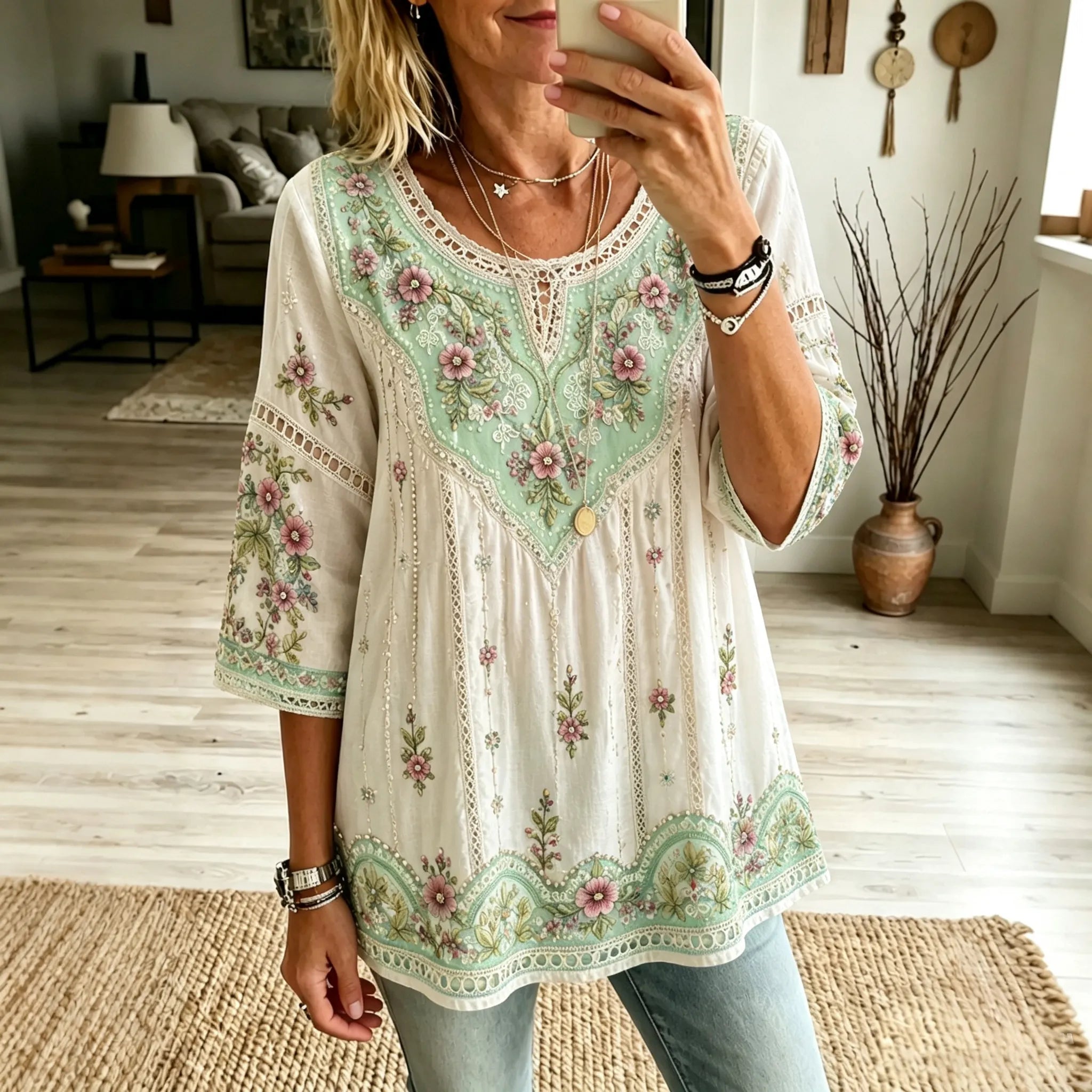 Women's Vintage Boho Floral Art Crew Neck Linen Blend T-shirt