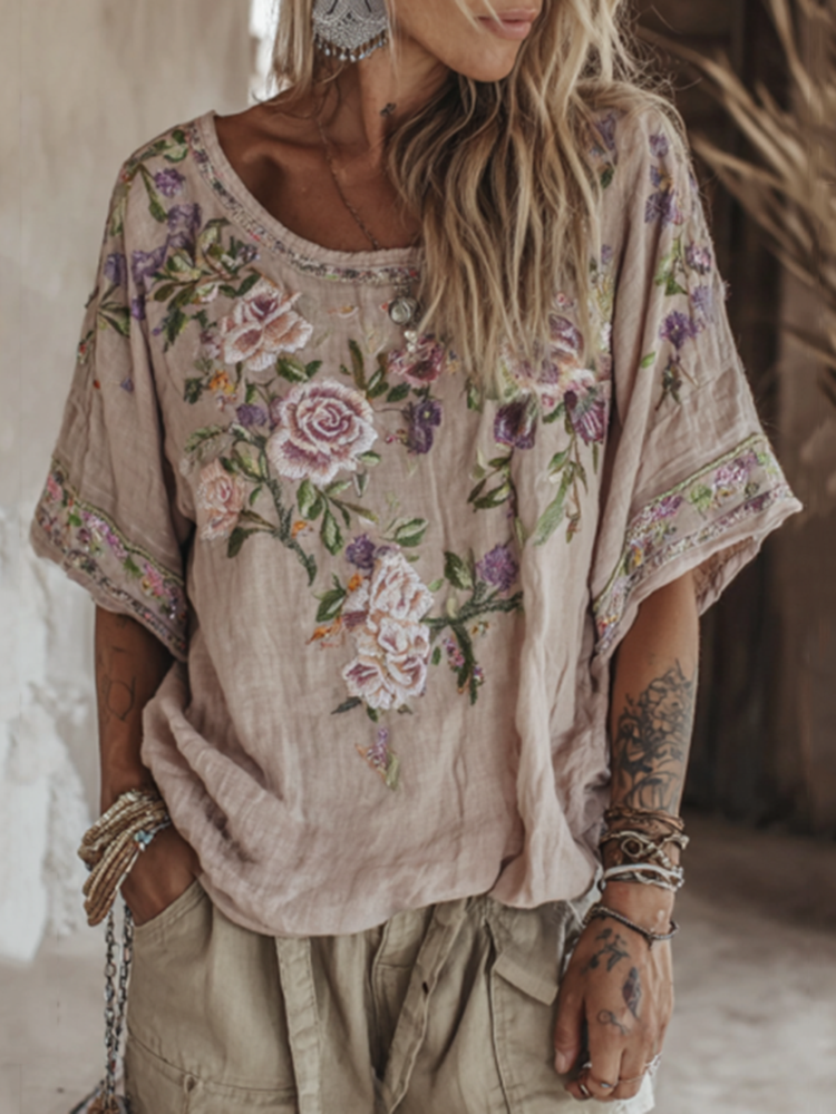 Vintage Purple Floral Embroidered Linen Short Sleeve Shirt
