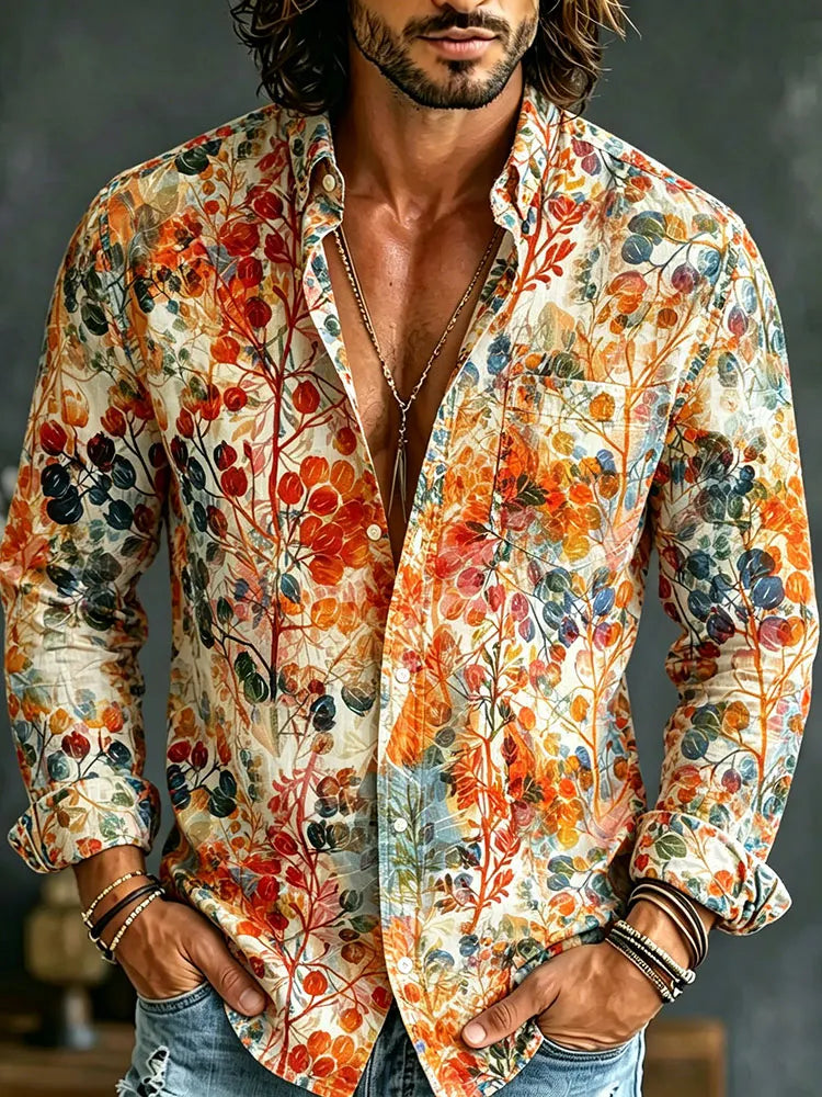 Men's Retro Hippie Floral Design Cotton Linen Long-sleeved Shirt