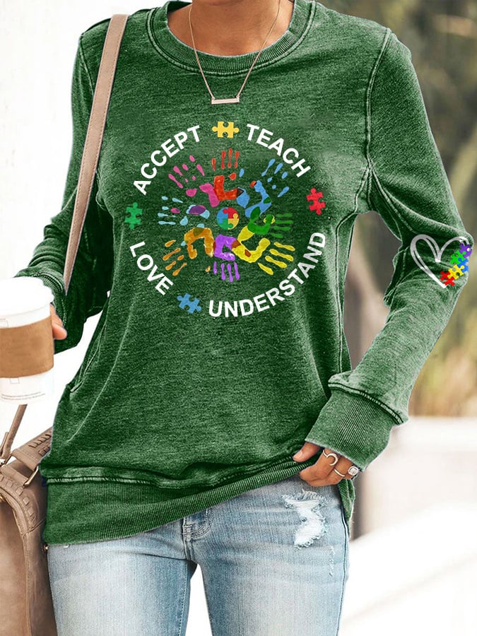 Women's Autism Teach Love Understand Print Sweatshirt