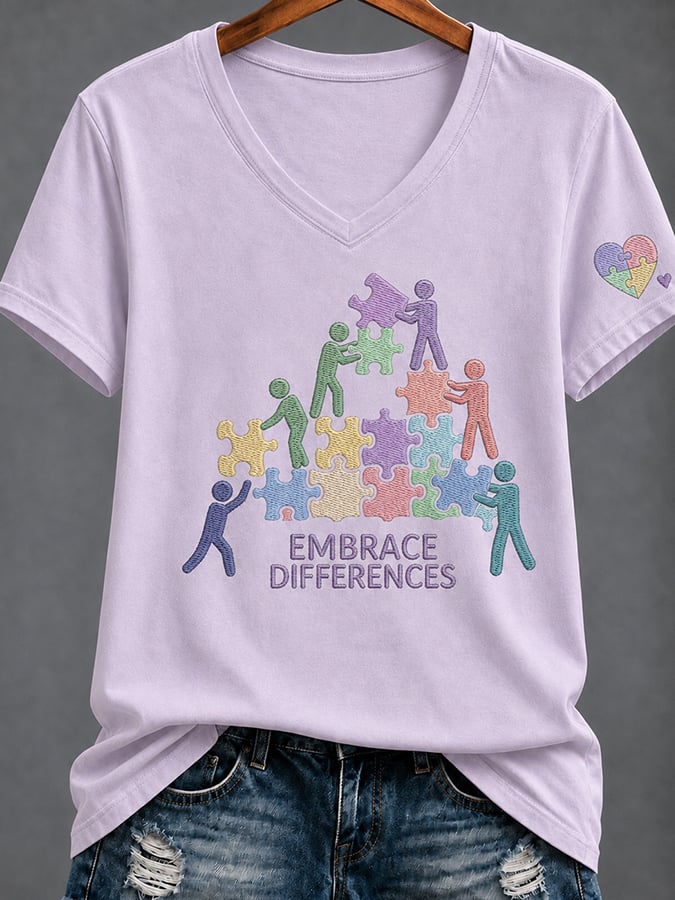 Women'S Casual V-Neck Top With Autism Awareness Print