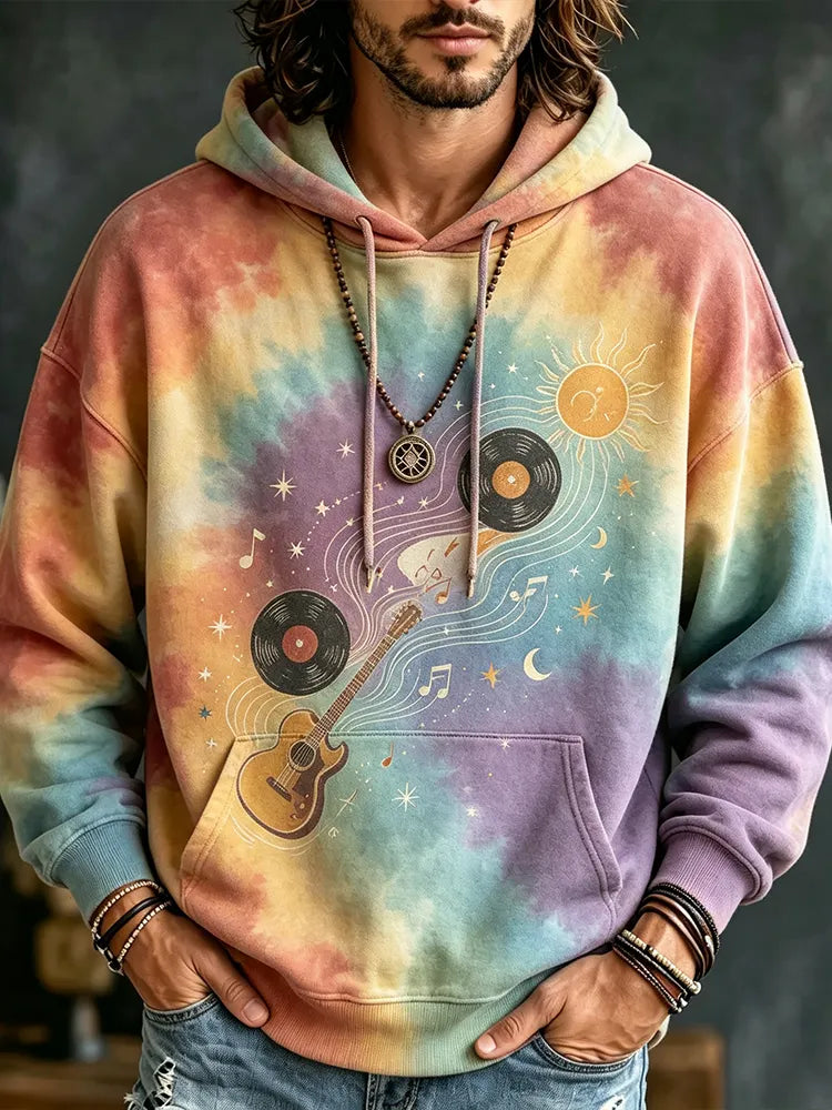 Men's Tie-dye Pullover Hoodie Sweatshirt With Sun, Vinyl Records, And Guitar Music Art Print