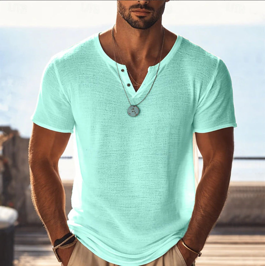Men's Cotton Linen  Short Sleeve V Neck  T-Shirt