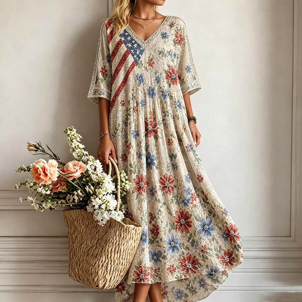 Women's Vintage Independent Day Boho Floral Design Maxi Dress