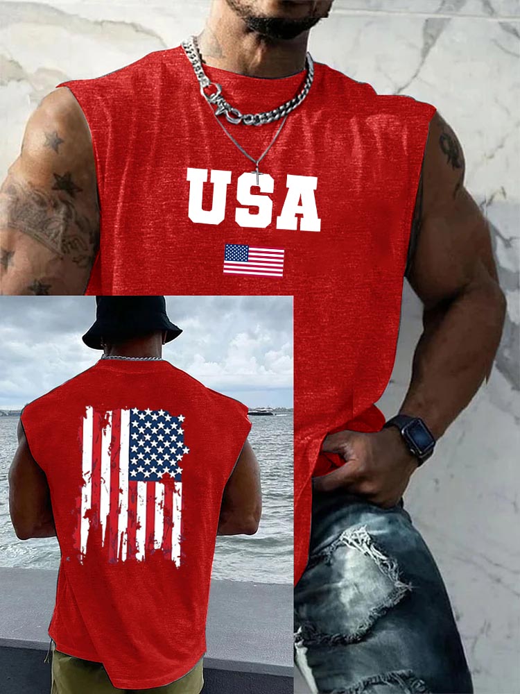 USA  America Flag Pattern Round Neck 100% Cotton Tank Top