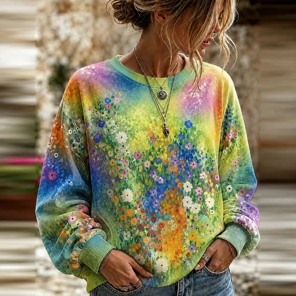 Vintage Fresh Small Floral 3d Printed Colorful Casual Long-sleeved Sweatshirt
