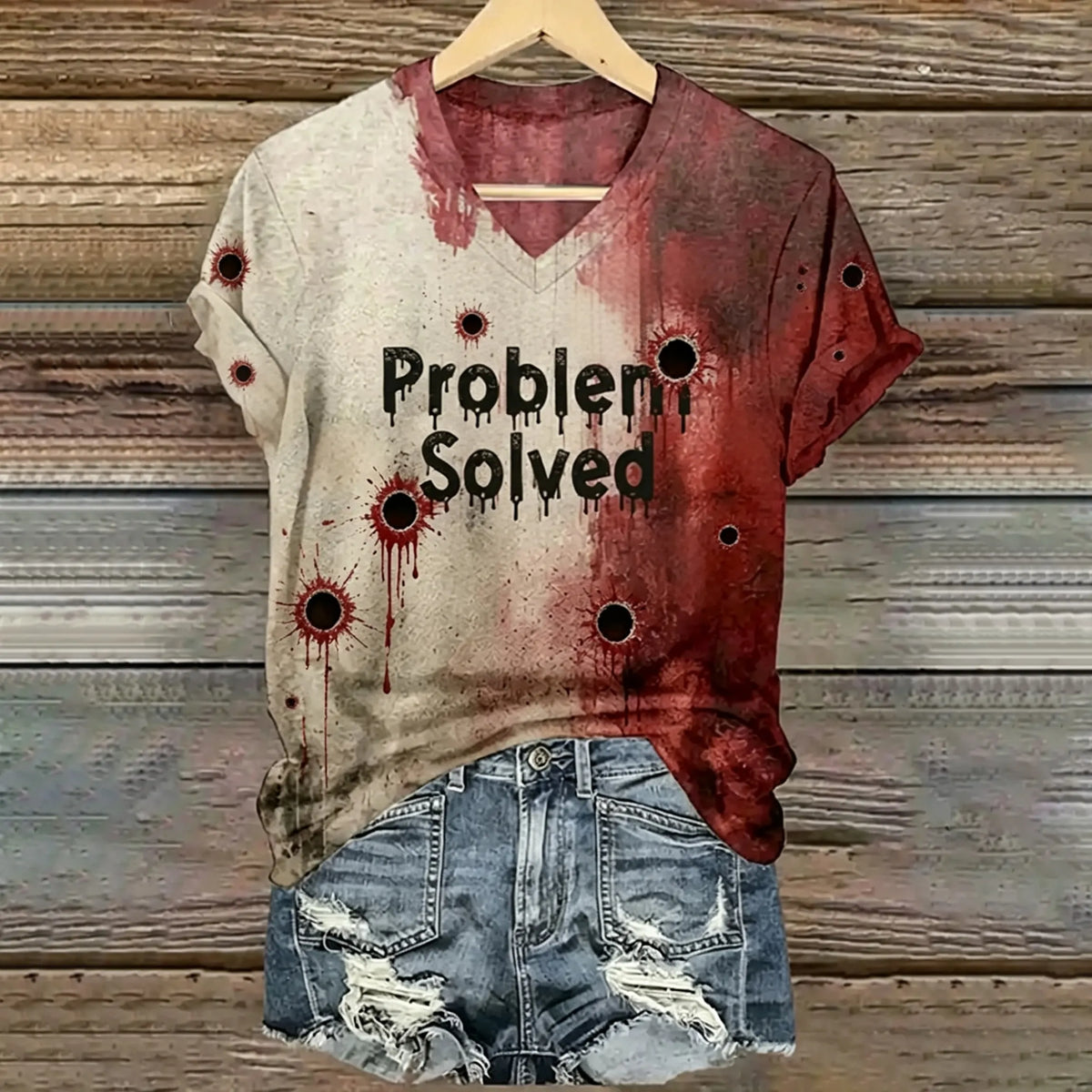 Women's Vintage Halloween Problem Solved Bullet Hole Blood Splatter Art Printed Short Sleeve T-shirt