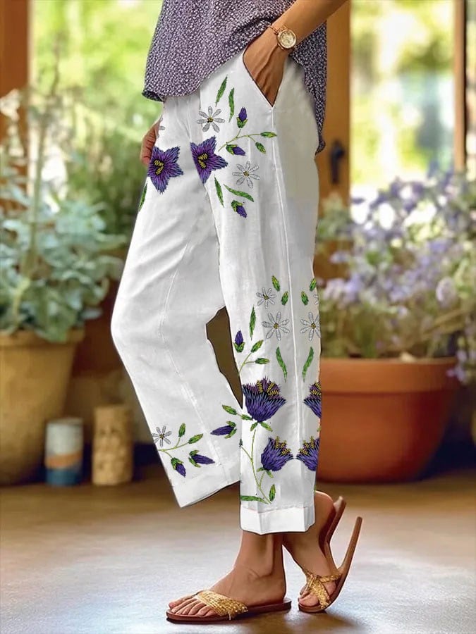 Women's Purple Floral Pansy Dementia Alzheimer's Disease Awareness Printed Cotton and Linen Casual Pants