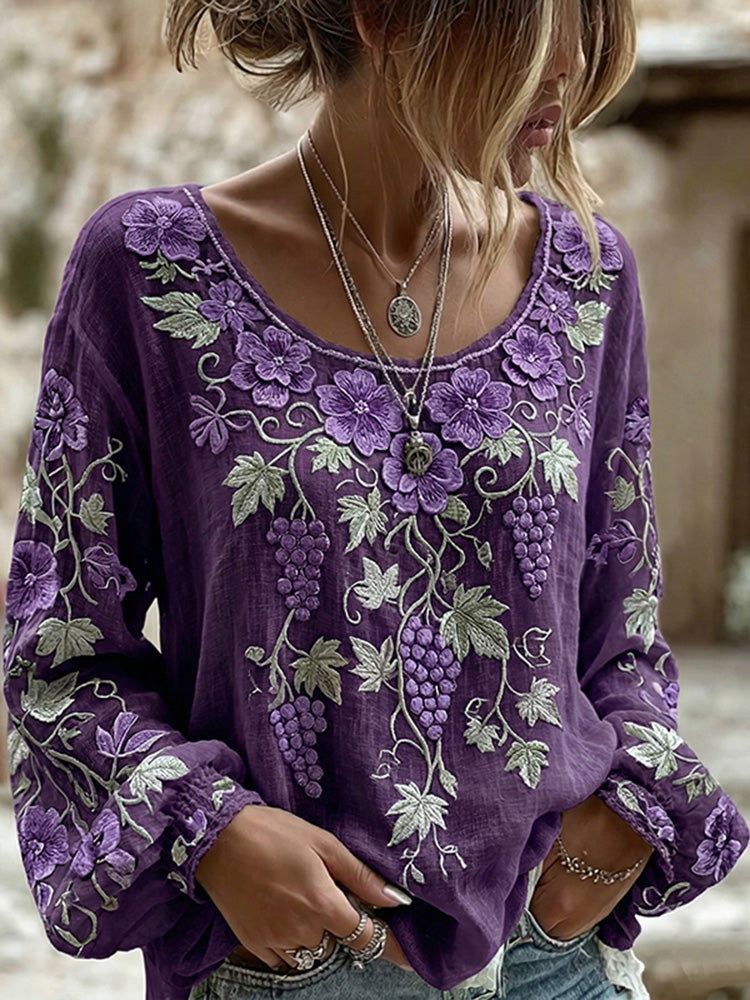 Women's Retro Floral Print Crew Neck Long Sleeve Linen Blend T-shirt