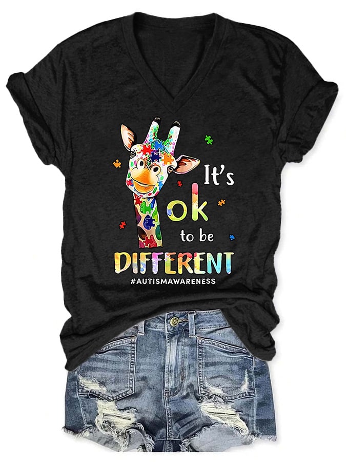 V-neck Autism Awareness Giraffe It's Ok To Be Different Print T-Shirt