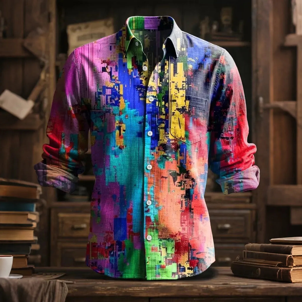 Men's Retro Resort Color Block Print Collared Long-sleeve Cotton Linen Shirt