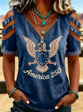 Women's Western Independence Day Eagle America 250 Printed Cold Shoulder T-shirt