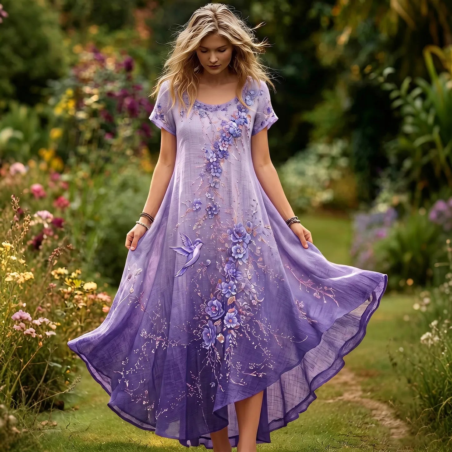 Women's Purple Floral & Hummingbird Print Alzheimer's Awareness Casual Dress