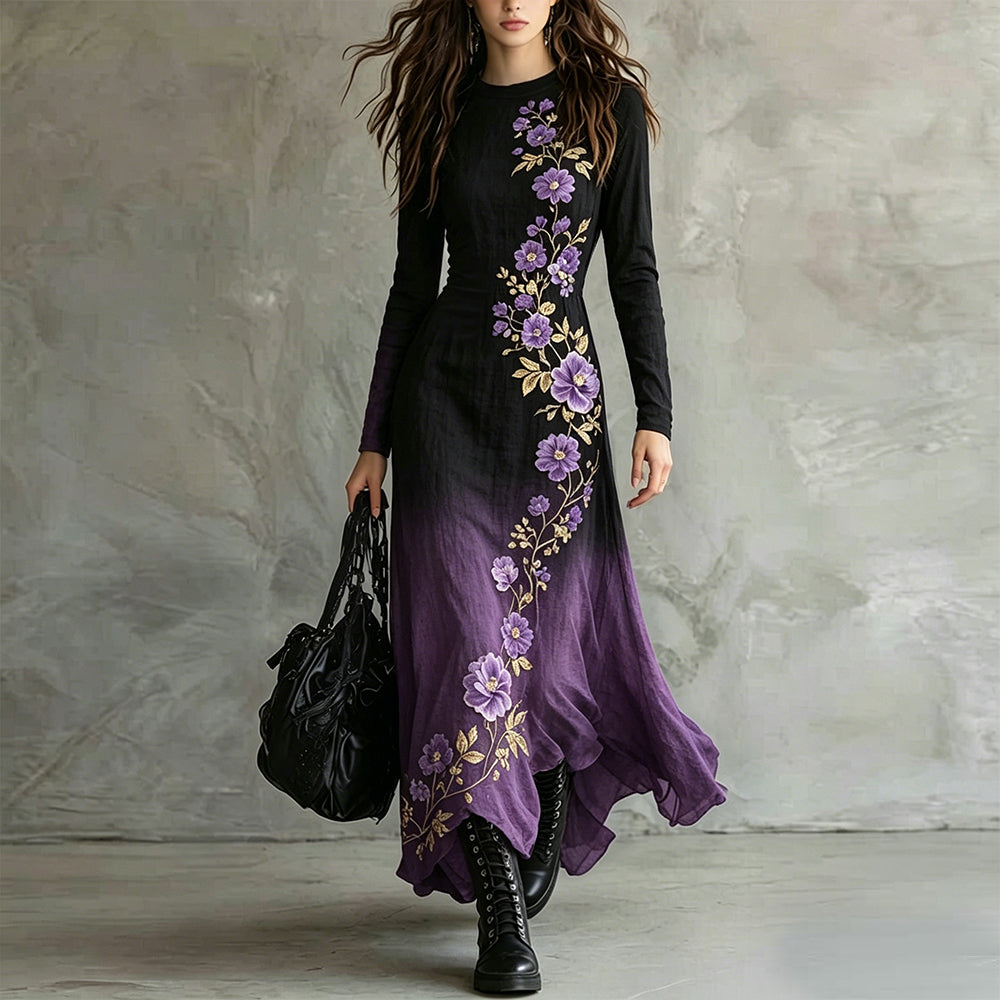 Elegant Purple Floral Art Gradient Flowy Linen Maxi Dress