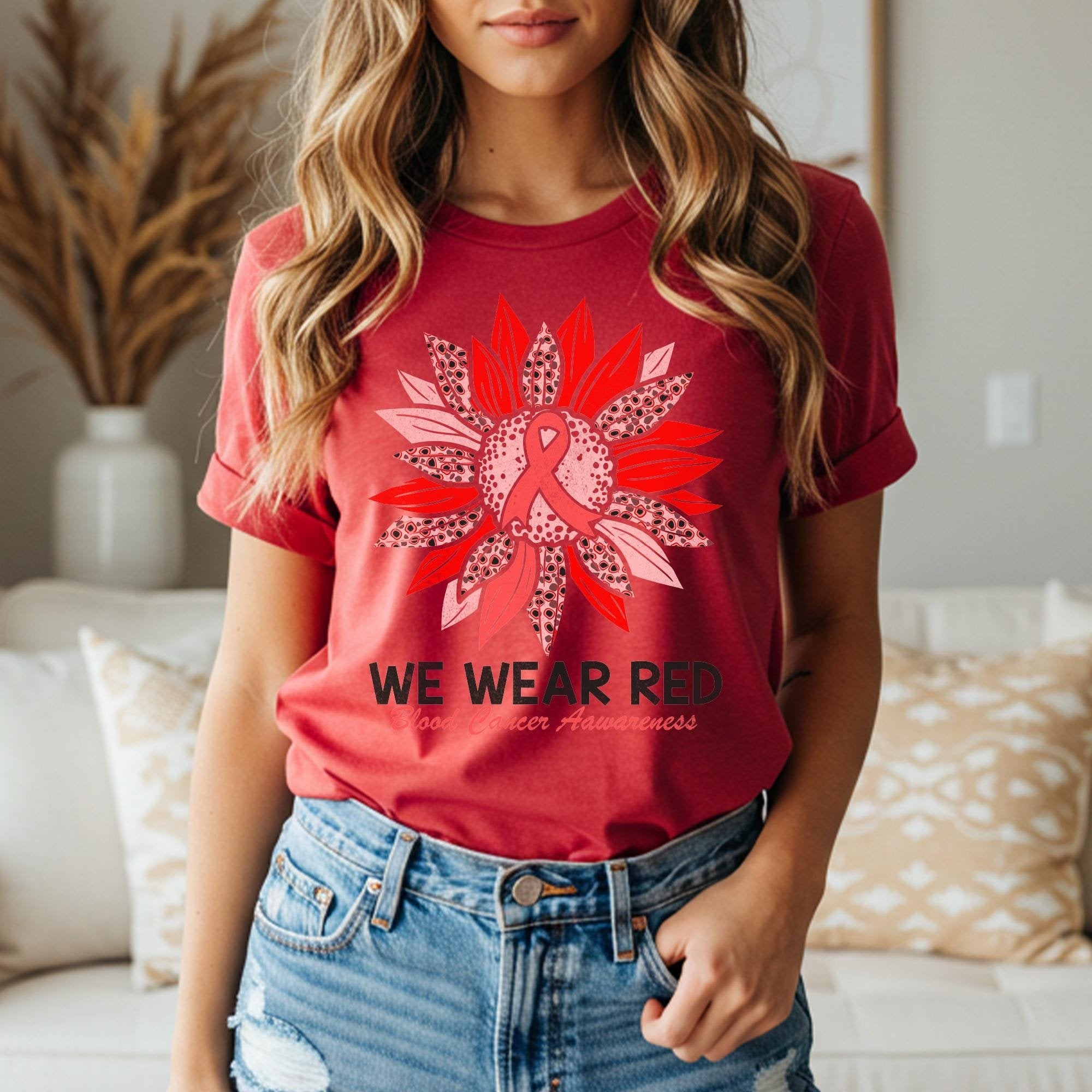 Blood Cancer Awareness Shirt, We Wear Red Sunflower Ribbon Tee, Blood Cancer Warrior Shirt, Red Awareness Ribbon Gift, Cancer Support T-Shirt