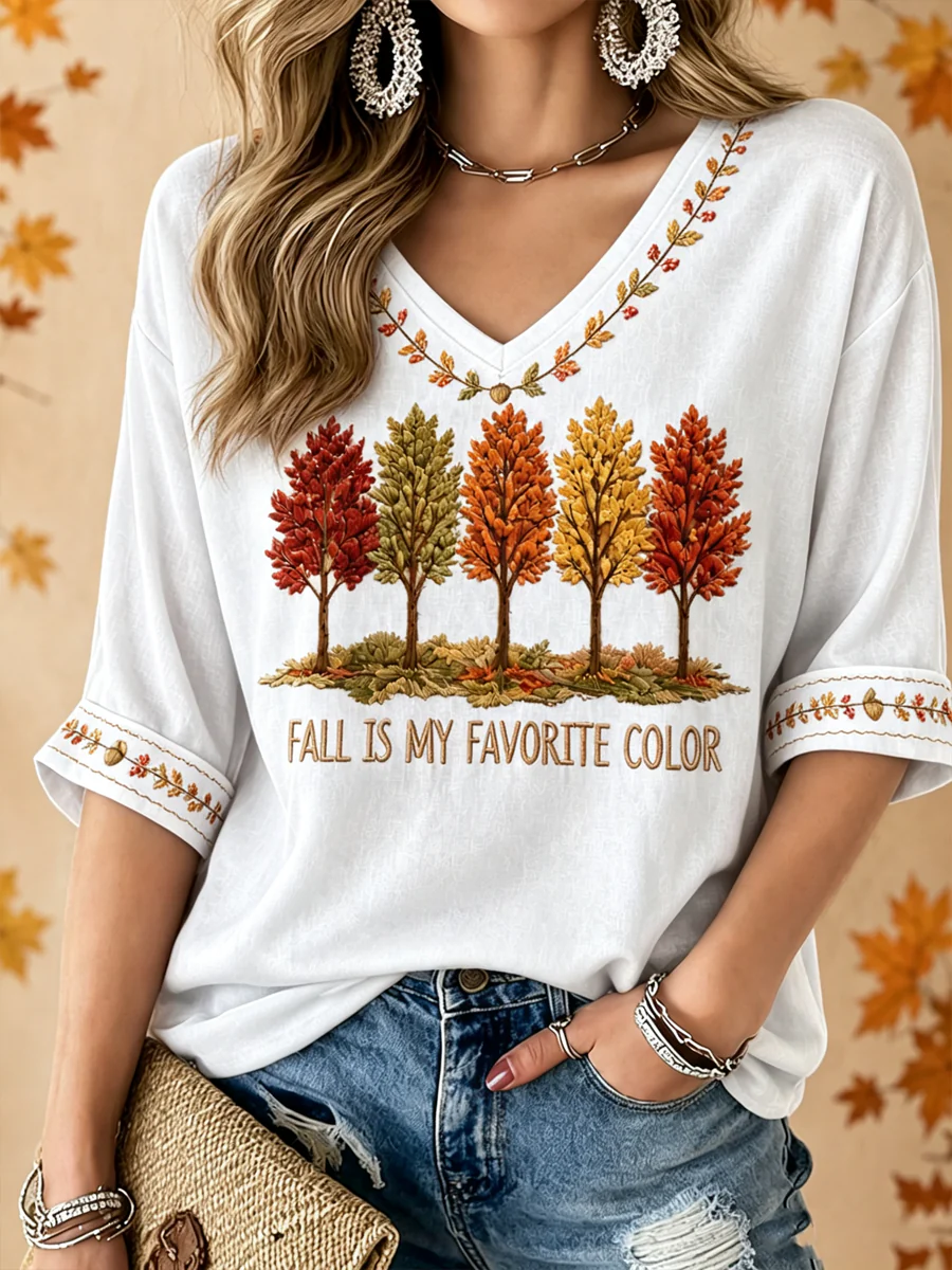 Women'S Autumn Is My Favorite Color Printed Mid Sleeved V-Neck T-Shirt